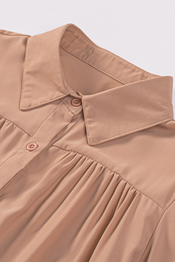 Khaki Solid Color Casual Button Up Puff Sleeve Pleated Shirt | Available in Other Colors