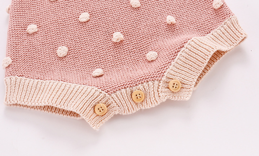 Pink Knitted Baby Sweater Romper with Pom Pom and Button Detail