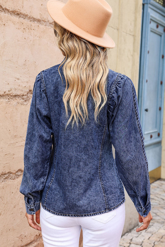 Dark Blue Rached Puff Sleeve Button-Up Denim Shirt