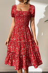 Red Boho Flower Smocked Midi Dress