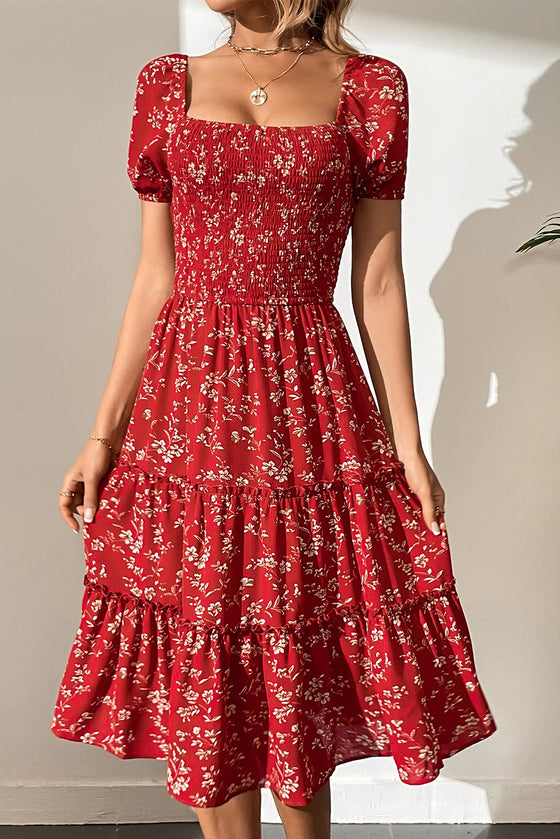 Red Boho Flower Smocked Midi Dress