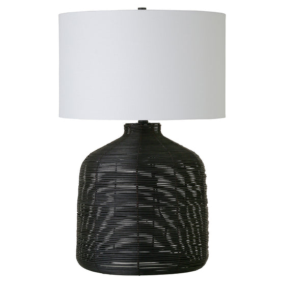 27" Black Rattan Table Lamp with White Drum Shade