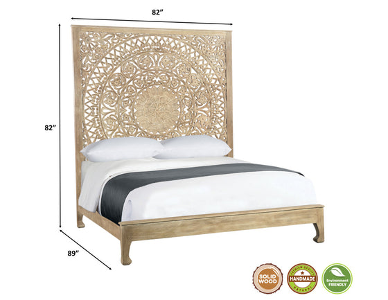 Solid Wood King Gray Carved Medallion Bed