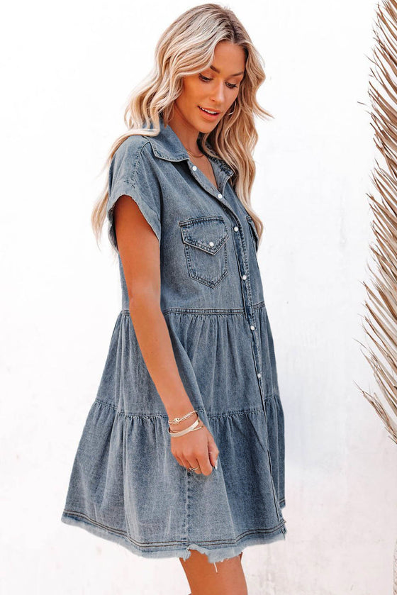 Blue Button Up Short Sleeve Denim Shirt Dress