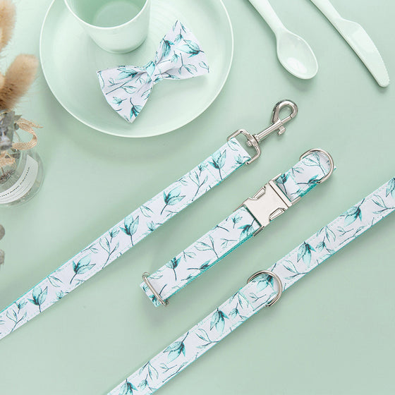 Turquoise Leaf on White Dog Collar and Bowtie with Leash