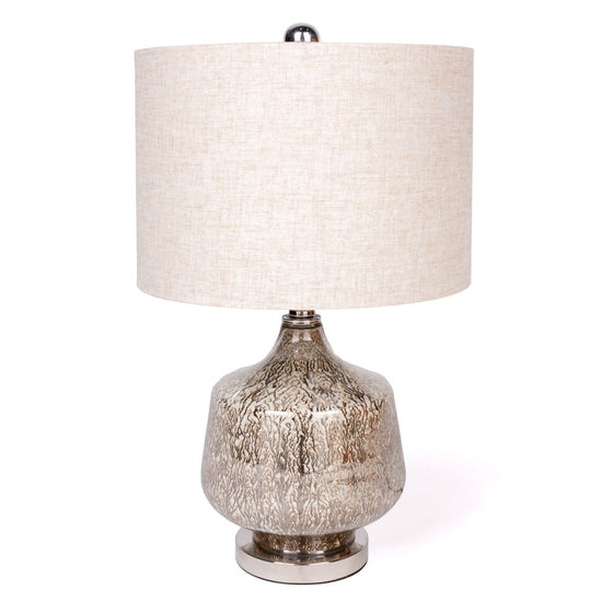 21" Silver Metallic Glass LED Table Lamp With Beige Drum Shade