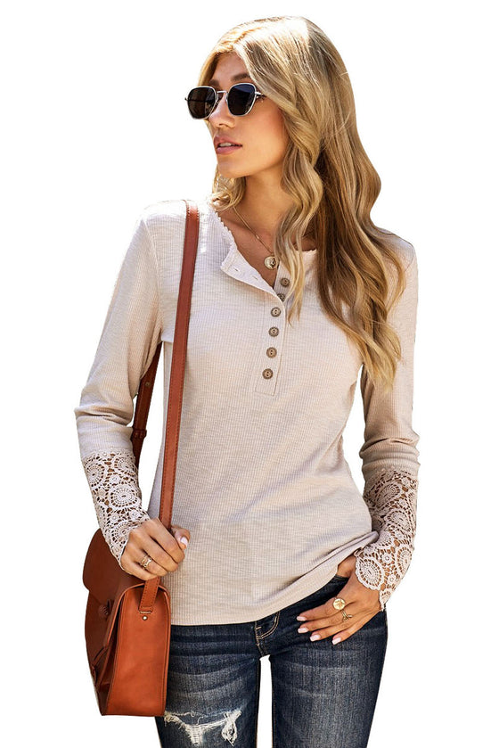 Beige Ribbed Lace Crochet Long Sleeve Shirt | Also Available in Black