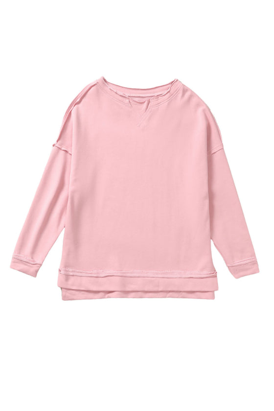 Pink Casual Frayed Trim Side Slit Loose Sweatshirt