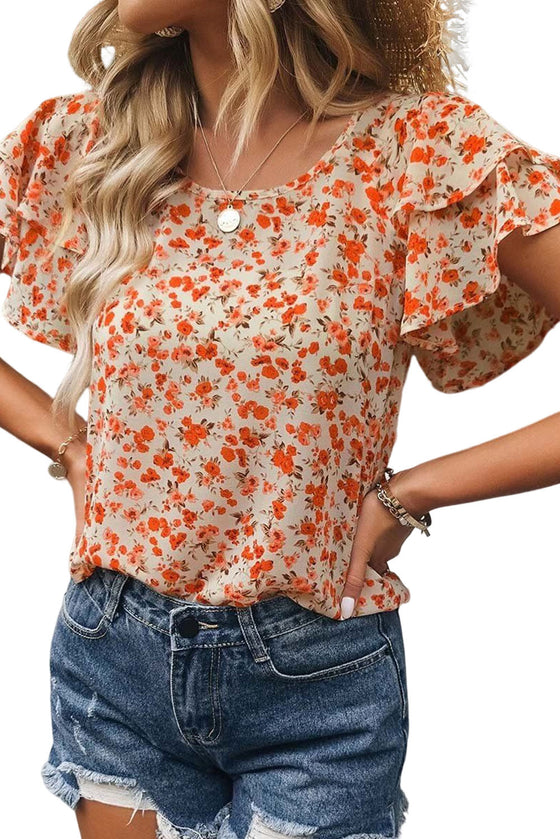 Orange Floral Tiered Sleeve Blouse