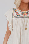 Apricot Stripe Ruffled Sleeve Embroidered Blouse