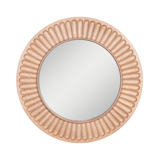 Carved Round Wood Wall Mirror In Natural Wood Finish