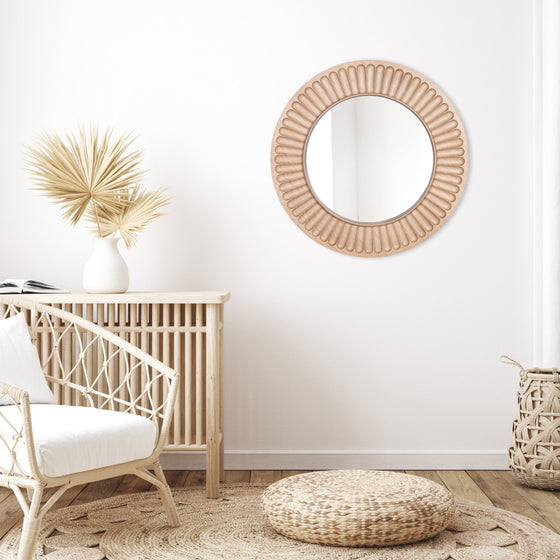 Carved Round Wood Wall Mirror In Natural Wood Finish