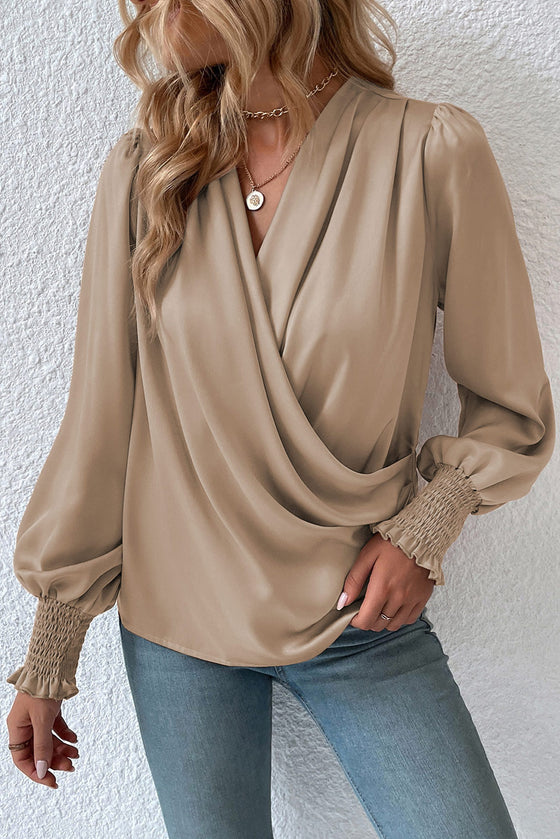 Khaki Basic Drape V Neck Long Sleeve Blouse | Available in 3 Colors