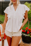 White V Neck Pleated Front Ruffled Sleeve Blouse