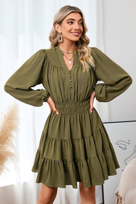 Green Solid Color Notch Neck Tiered Long Sleeve Dress