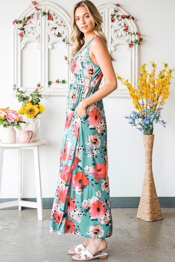 Green Floral Sleeveless Maxi Dress