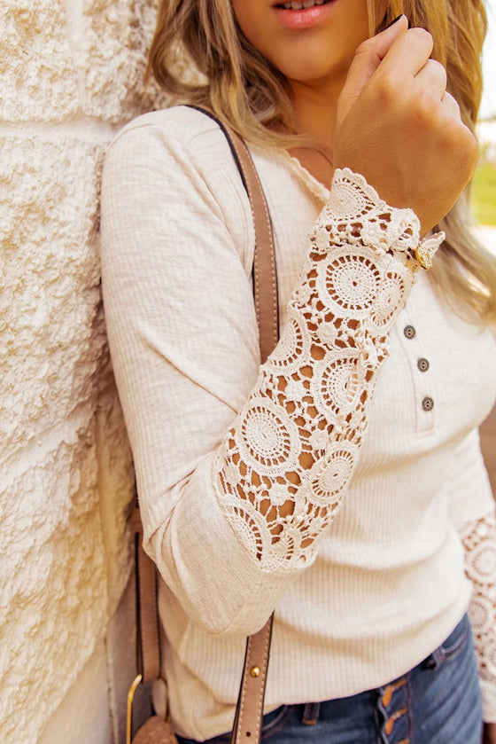 Beige Ribbed Lace Crochet Long Sleeve Shirt | Also Available in Black