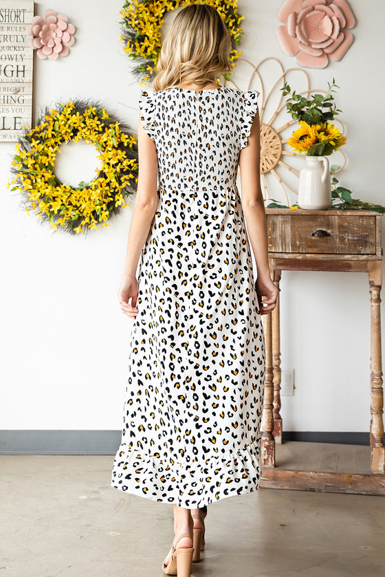 White Smocked Sleeveless Leopard Print Dress