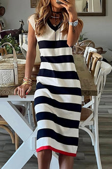  Striped Cap Sleeve Midi Dress