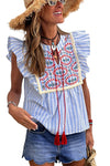 Sky Blue Stripe Geometric Tassel Tied Ruffle Blouse