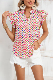  Multicolor Chevron Print Frill V Neck Ruffle Blouse