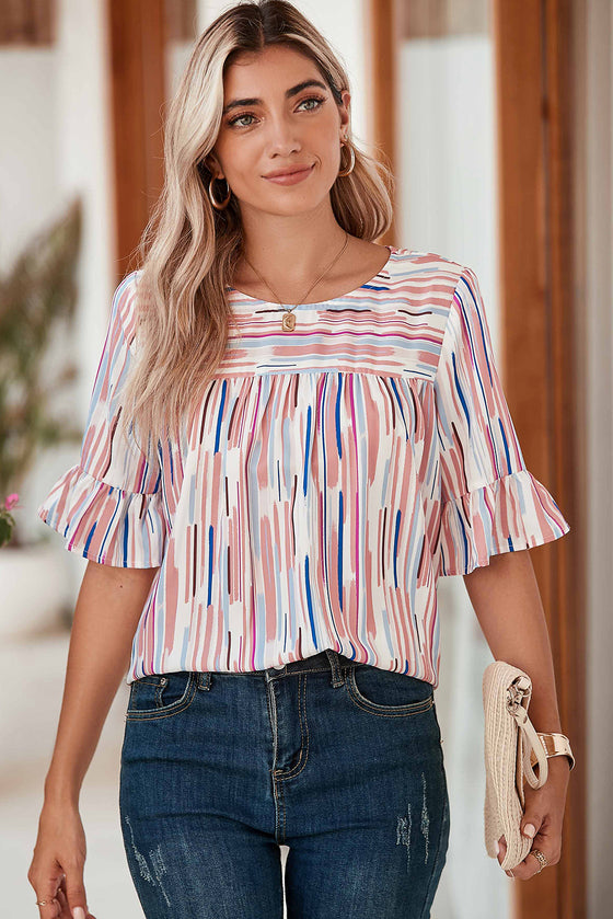 White Striped Abstract Print Ruffle Half Sleeve Blouse