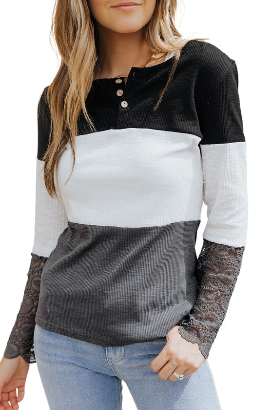 Color Block Ribbed Lace Crochet Sleeves Shirt for Women | Available in 2 Colors