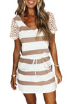 White Lace Crochet Short Sleeve Drawstring Striped Dress