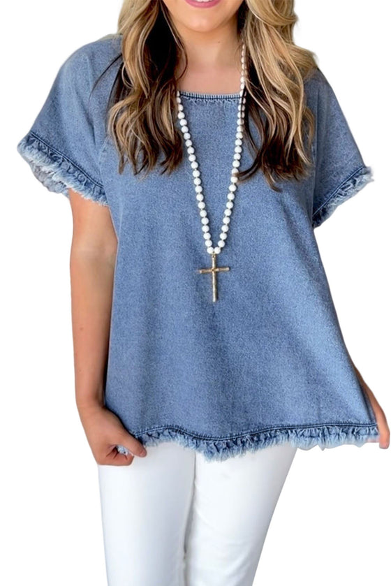 Sky Blue Raw Edge Denim Top