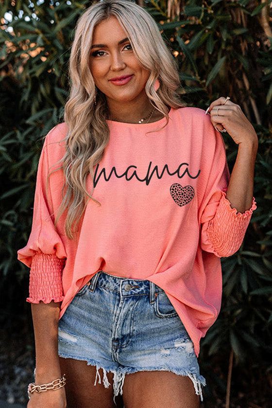 Pink mama Leopard Heart Graphic Shirred 3/4 Sleeve Tee