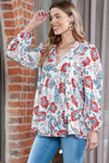 Floral Print Split V Neck Puff Sleeve Tunic Top