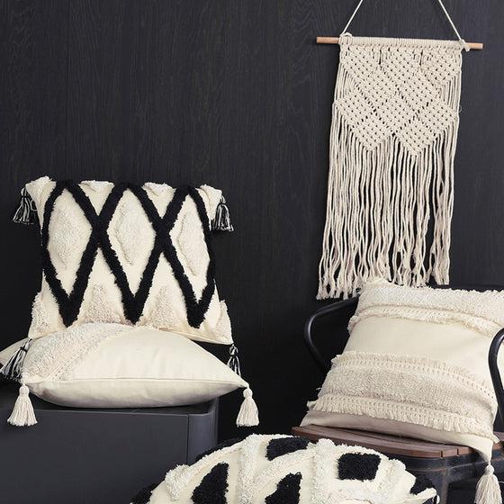 Moroccan Throw Pillow Cover with Tassels in Black and Natural White