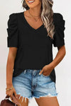 Black Puff Sleeve V Neck T-Shirt | Available in 3 Colors