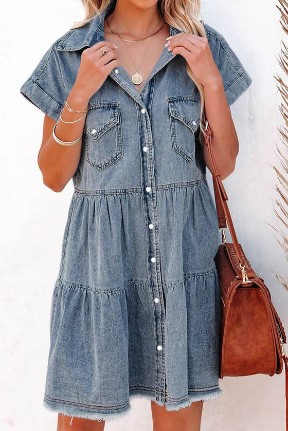 Blue Button Up Short Sleeve Denim Shirt Dress