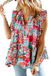 Wholesale Rose Red Boho Floral Print Ruffle Tie V Neck Sleeveless Shirt