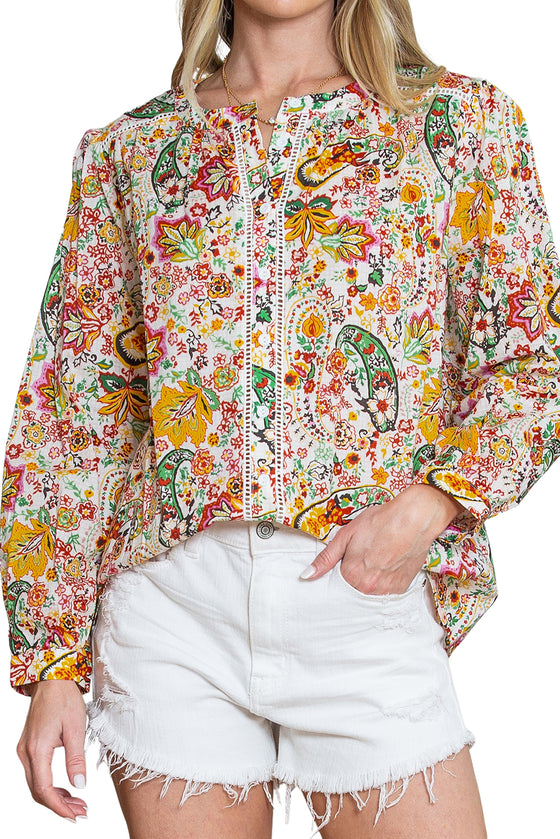 Multicolor Boho Floral Print Puff Sleeve Shirt