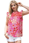 Pink Boho Floral Print Ruffle Mock Neck Sleeveless Shirt