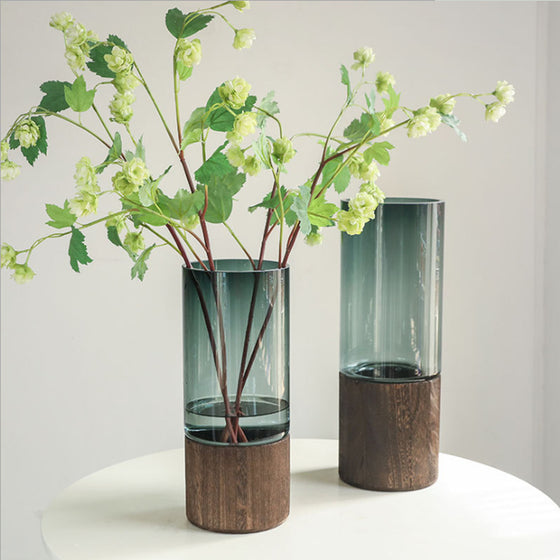 Cylinder Glass Vase with Wooden Base Set