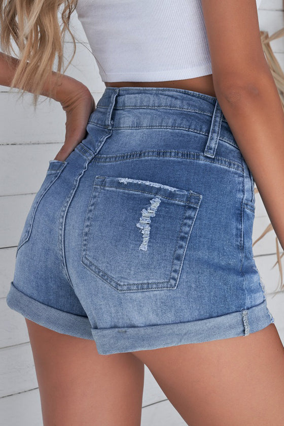 Light Blue Casual Cuffed High Rise Denim Shorts