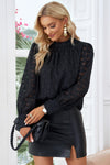 Black Mock Neck Top Jacquard Tie Back Bishop Sleeve Blouse