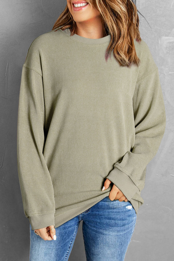 Pink Solid Ribbed Round Neck Pullover Sweatshirt |Available in 6 Colors