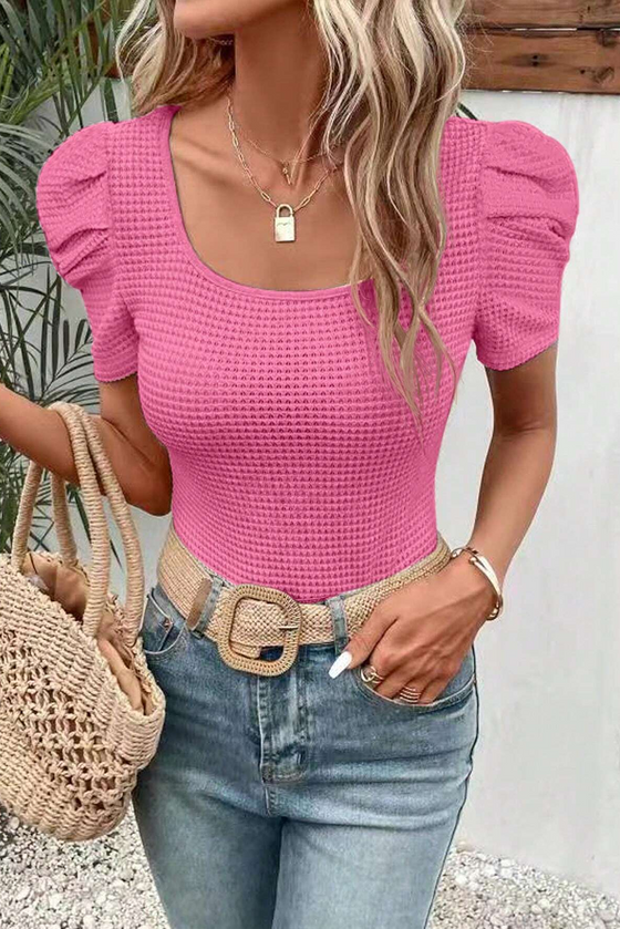 Black Scoop Neck Waffle Knit Puff Sleeve Top | Available in Pink