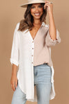 White Colorblock V Neck Collared Side Slits Blouse