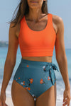 Orange Casual Floral Printed Waist Lace Up High Waist Bikini | Available in 2 Colors