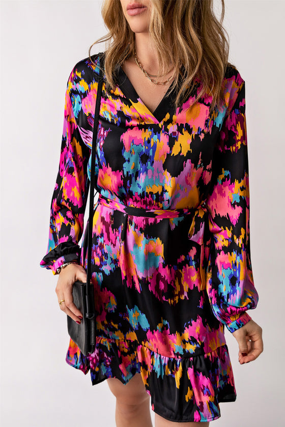 Abstract Print Waist Belted Long Sleeve Dress | Other Colors Available