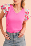 Bonbon V Neck Ruffle Floral Sleeve T Shirt