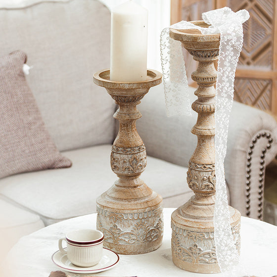 Handmade Ornate Candlesticks in Rustic White