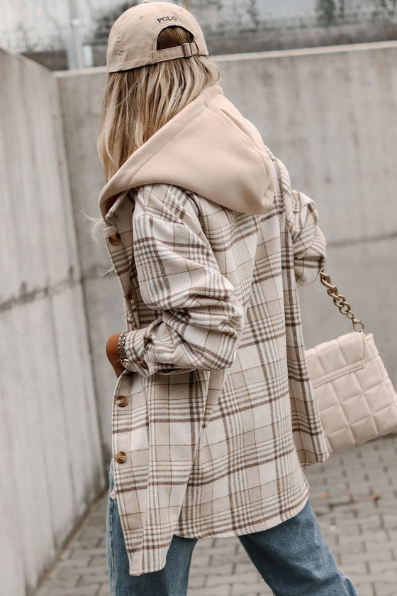 Khaki Plaid Removable Hooded Button Up Jacket