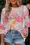 Pink 3/4 Sleeve Loose Fit Floral Blouse