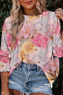  Pink 3/4 Sleeve Loose Fit Floral Blouse